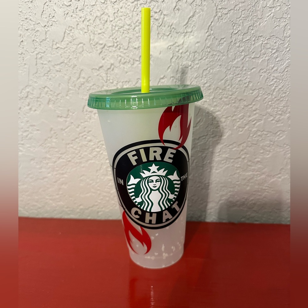 NEW. Starbucks Plastic  Cup with decal “FIRE IN THE CHAT”” Free Shipping!